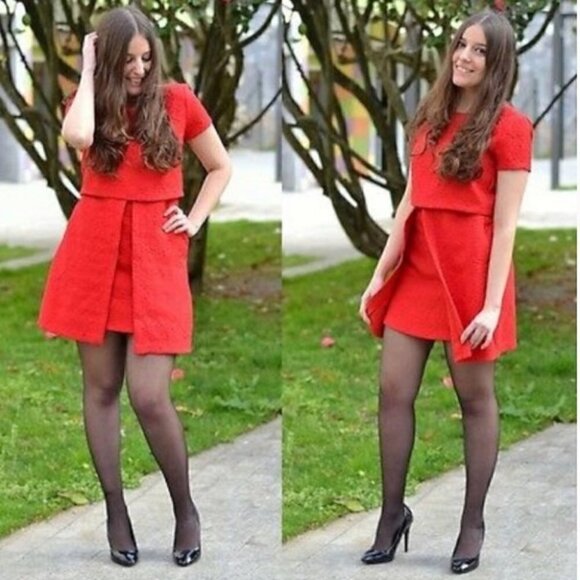 ZARA Red double layer jacquard dress Size XS - Picture 4 of 16